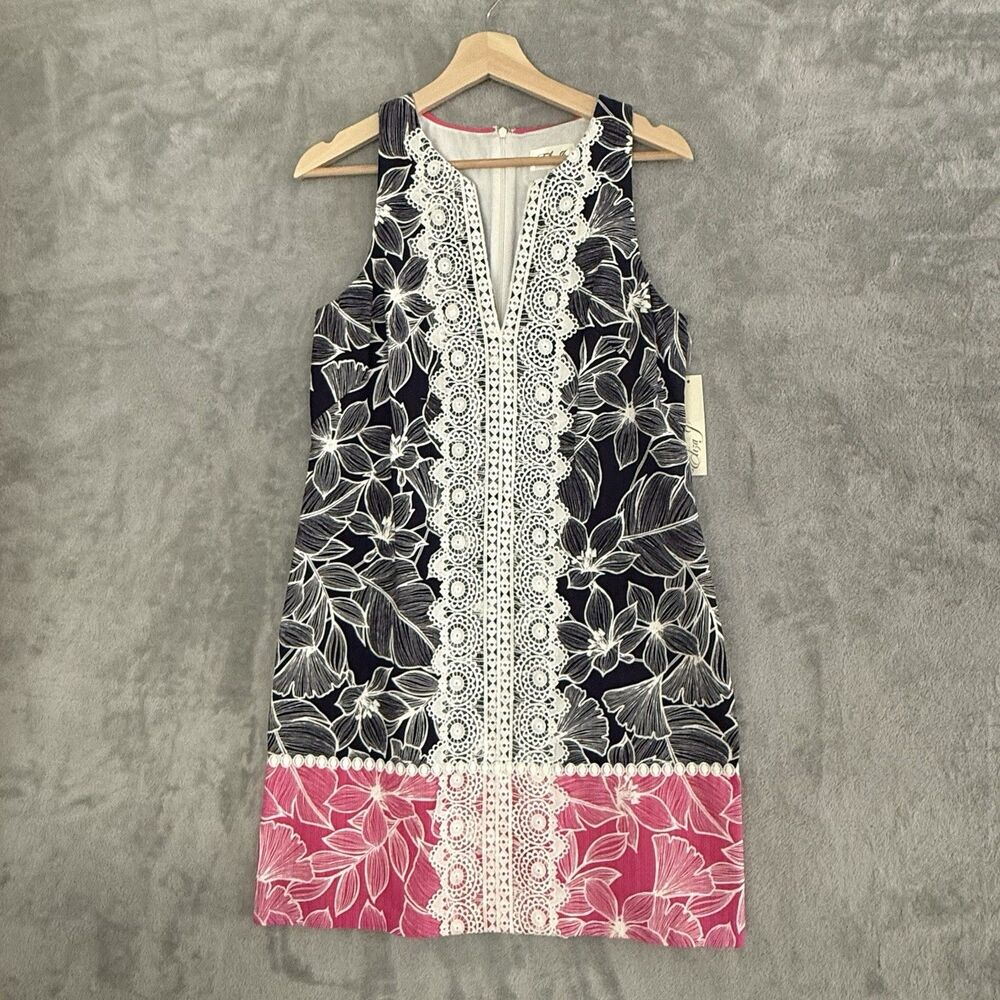 NWT Eliza J Colorblock Shift Dress Womens  6 Floral Embroidered Overlay Sheath